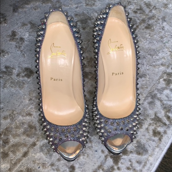 Christian Louboutin Lady Peep Spike Silver SZ 38.5 - Picture 6 of 8
